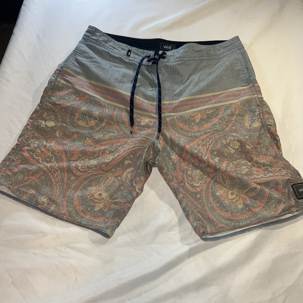 Vans Men's Board Short Blue Gray Drawstring Paisley Water Swim Wear Size 33 335‎